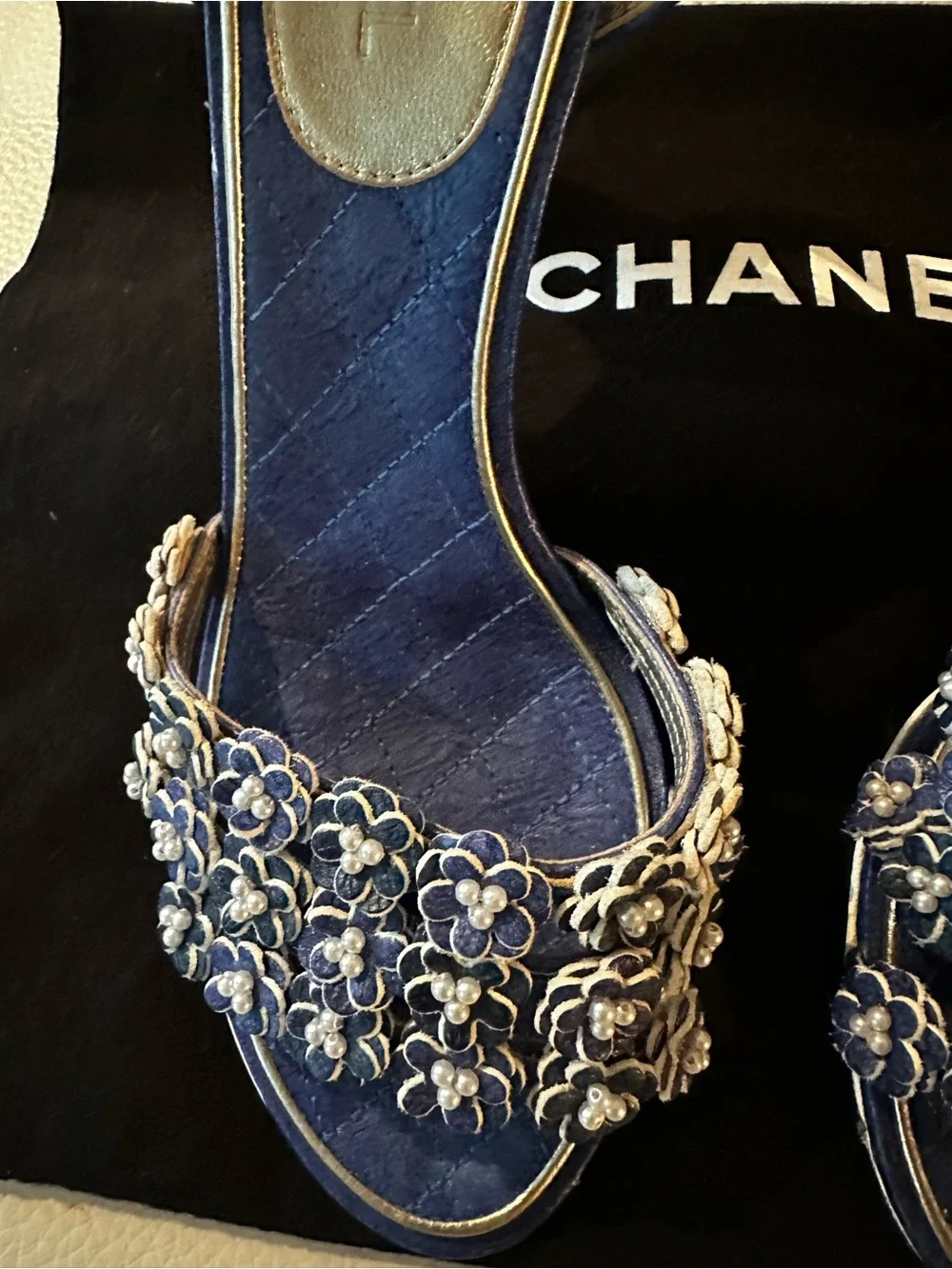Chanel Vivid Blue Camellia Pearls CC Ankle Strap Sandals Eu 36